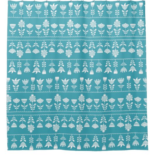 Rideaux De Douche bleu scandinave avec fleurs blanches (Devant)