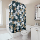 Rideaux De Douche Bleu tendance Gold Brown noir blanc plaid (En situation)