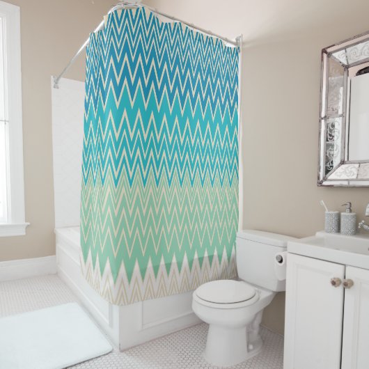 Rideaux De Douche Bleu turquoise, turquoise et vert Zigzags (En situation)