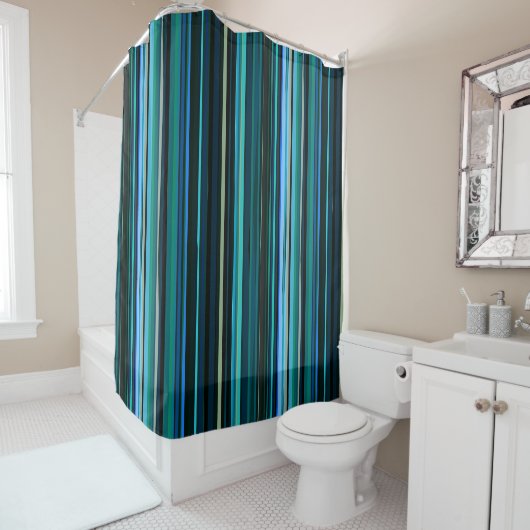 Rideaux De Douche Bleu, vert et gris Abstrait rayures (En situation)