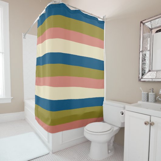 Rideaux De Douche Bleu, vert olive, rose et crème (En situation)