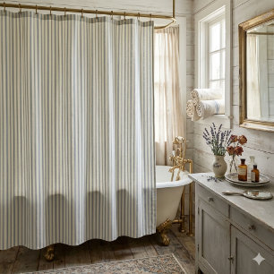 Rideaux De Douche Bleu vintage et rayures crème, style campagne fran