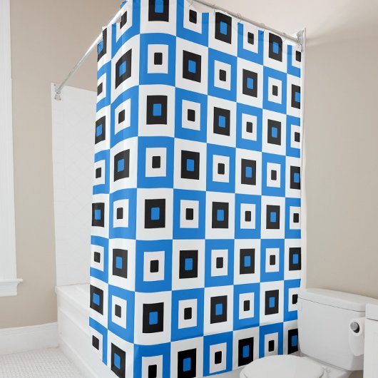 Rideaux De Douche Blue Black and White Checkered Squares Pattern