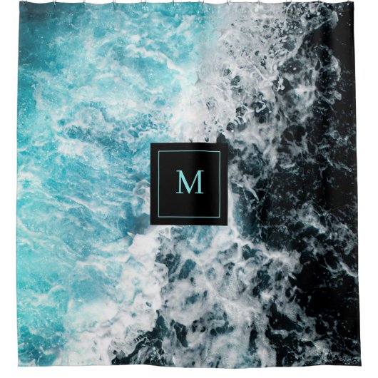 Rideaux De Douche Blue Black Ocean Waves Hawaii Monogramme (Devant)