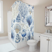 Rideaux De Douche Blue Coastal Toile Seashell Coral Pattern (2) (En situation)