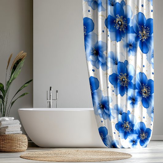 Rideaux De Douche Blue Floral Pattern with Gold Accents