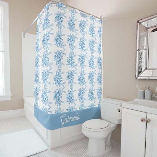 Rideaux De Douche Blue French Toile Floral Pattern Name (En situation)