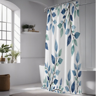 Rideaux De Douche Blue Green Watercolor Leaves Botanical Design 376