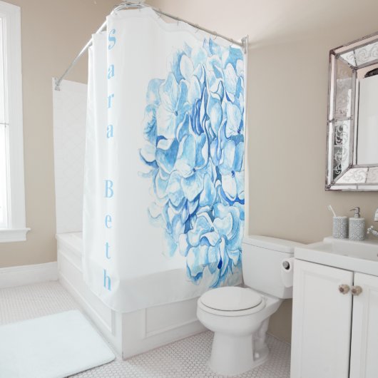 Rideaux De Douche Blue Hydrangea Moderne Aquarelle Chic  (En situation)