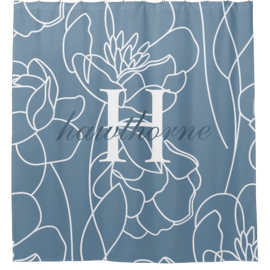 Rideaux De Douche Blue Modern Elegant Wildflower Monogram Name (Devant)