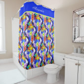 Rideaux De Douche Blue Monogramme Toucan oiseau fleurs tropicales (En situation)