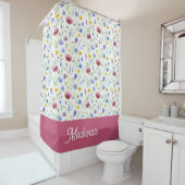 Rideaux De Douche Blue Pink Wildflower Botanical Custom Name  (En situation)