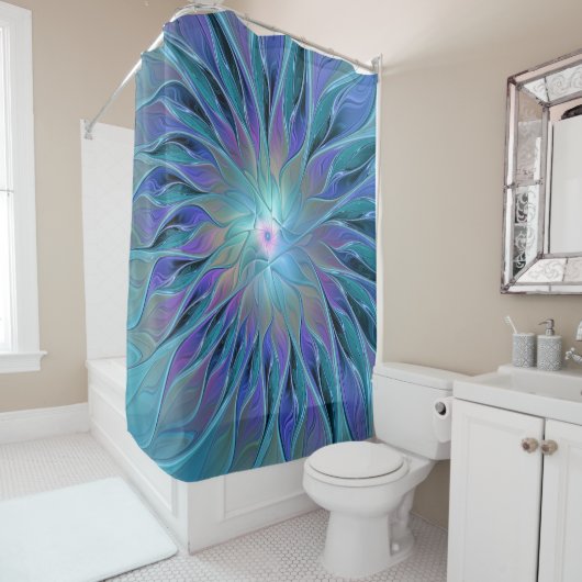 Rideaux De Douche Blue Purple Flower Dream Abstrait Fractal Art (En situation)