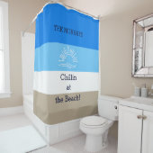 Rideaux De Douche Blue Tan and White Stripes Family Beach House (En situation)