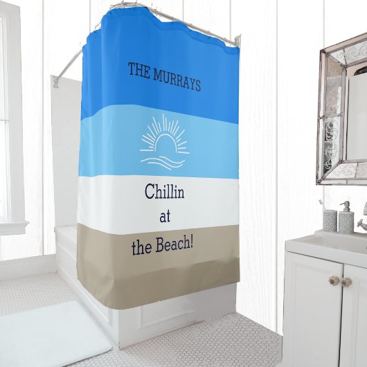 Rideaux De Douche Blue Tan and White Stripes Family Beach House