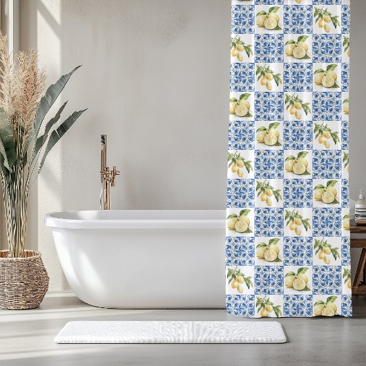 Rideaux De Douche Blue Tile French Country Lemon Pattern