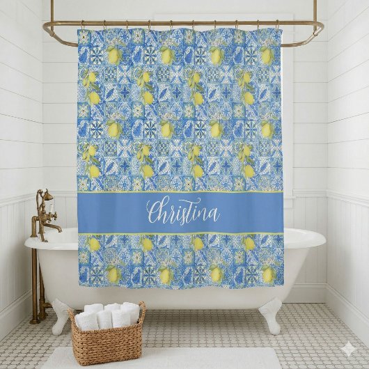 Rideaux De Douche Blue Tile French Country Lemon Pattern Shower Curt