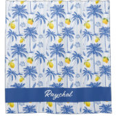Rideaux De Douche Blue Toile Palm Trees Lemons Monogram Name (Devant)