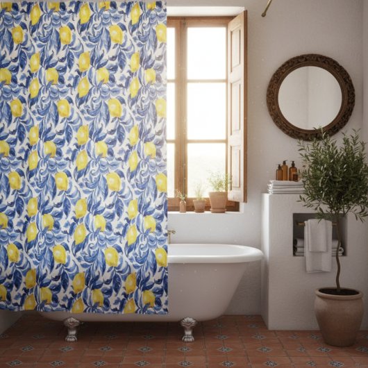 Rideaux De Douche Blue Watercolor Lemon Pattern 