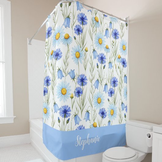 Rideaux De Douche Blue Watercolor Wildflower Monogram Name