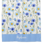 Rideaux De Douche Blue Watercolor Wildflower Monogram Name (Devant)