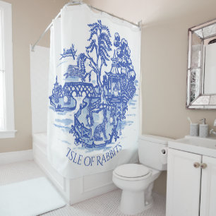 Rideaux De Douche Blue Willow Rabbit Island Whimsical Chinoiserie