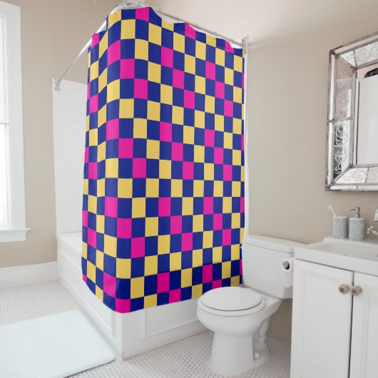 Rideaux De Douche Blue Yellow Pink Checkered Pattern Design  (En situation)