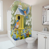 Rideaux De Douche Bluebirds et Rond Birhouse Jaune (En situation)