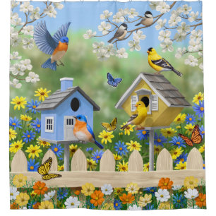 Rideaux De Douche Bluebirds Goldfinches Birdhouses Jardin aux fleurs