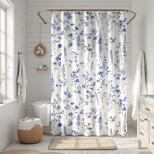 Rideaux De Douche Boho Fleurs sauvages bleu et blanc