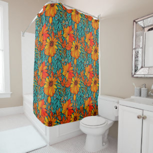 Rideaux De Douche Boho Flowers bleu et orange