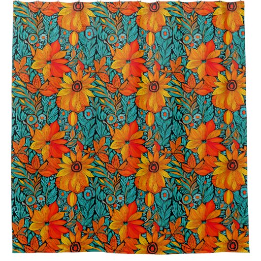 Rideaux De Douche Boho Flowers bleu et orange (Devant)