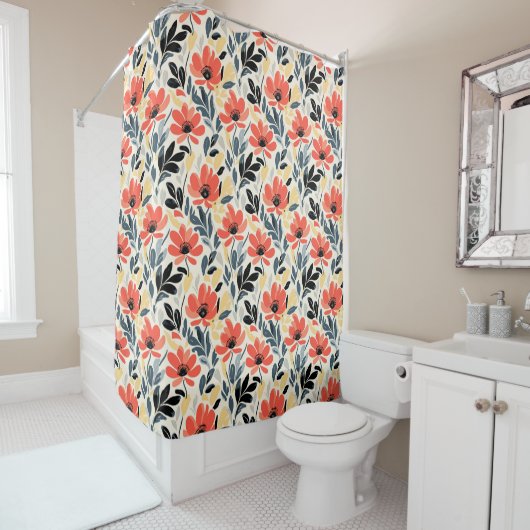Rideaux De Douche Boho Matisse Fleur Retro Design d'impression (En situation)