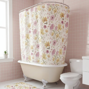 Rideaux De Douche Boho rose pâle aquarelle fleur sauvage