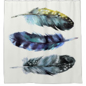 Rideaux De Douche Boho Style Aquarelle Oiseaux Plumes Crème Bleue (Devant)