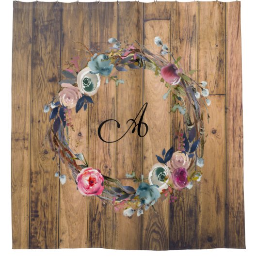 Rideaux De Douche Bois rustique Aquarelle Florale Wreath Farmhouse (Devant)