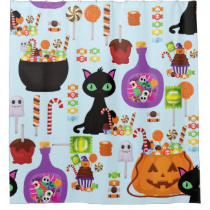 Rideaux De Douche bonbons d'Halloween chat noir sucreries pommes car