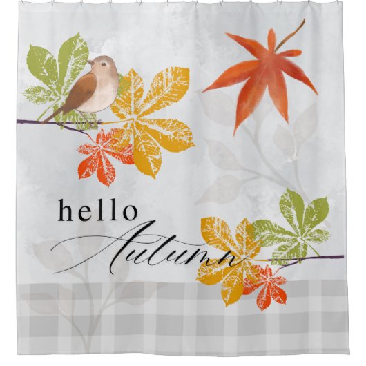 Rideaux De Douche Bonjour automne avec les feuilles d'oiseaux et d'a (Devant)