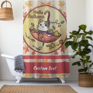Rideaux De Douche Bonjour Automne, Chat mignon assis dans un paraplu