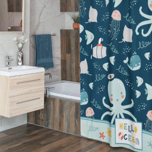 Rideaux De Douche Bonjour Ocean Octopus Naute Bleu Enfant Salle de b