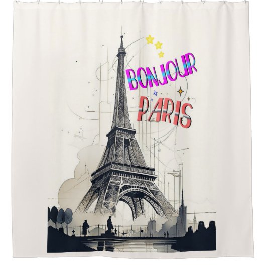 Rideaux De Douche Bonjour Paris coloré (Devant)
