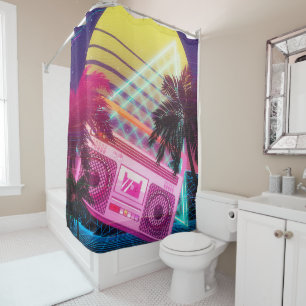 Rideaux De Douche Boombox rose Funky des années 80 avec palmiers