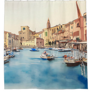 Rideaux De Douche Bord De Mer Et Bateaux Dans Le Port, Italien