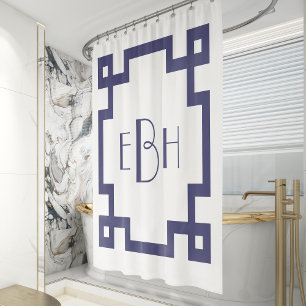 Rideaux De Douche Bordure Clé Grecque Bleu Marine Monogramme Deco Bl