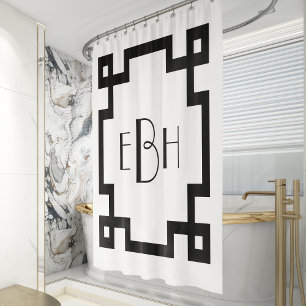 Rideaux De Douche Bordure Clé Grecque Noir et Blanc Monogramme Déco