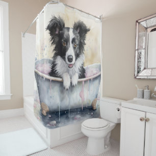 Rideaux De Douche Bordure Collie Dans Baignoire Aquarelle Chien Art