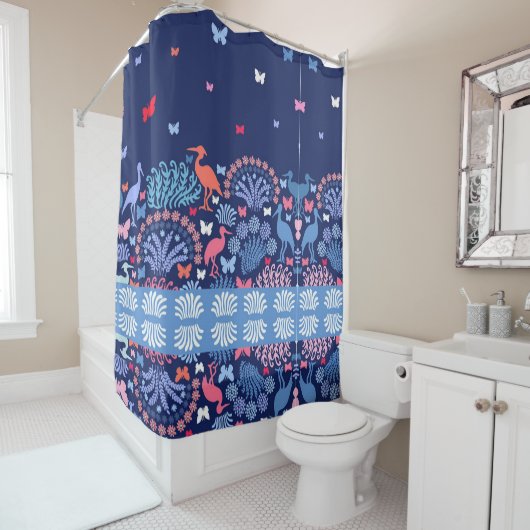 Rideaux De Douche Bordure de jardin papillon oiseau fleurs (En situation)