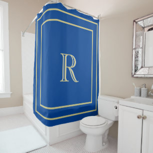 Rideaux De Douche Bordure or élégant et Monogramme personnalisé bleu