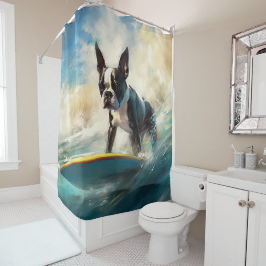 Rideaux De Douche Boston Terrier Beach Surfing Peinture (En situation)
