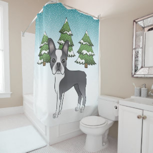 Rideaux De Douche Boston Terrier bleu et blanc dans une forêt hivern